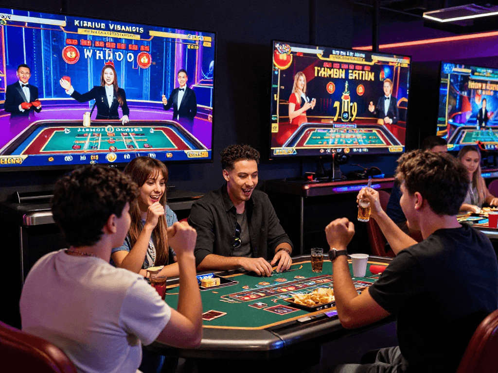 Exciting live casino atmosphere showcasing mb66.com with diverse friends celebrating wins in a vibrant gaming scene.